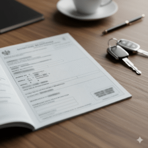 Zdjęcie zbliżenia na otwarty dowód rejestracyjny pojazdu leżący na drewnianym stole obok kluczyków samochodowych, symbolizujące konieczność posiadania dokumentów do ubezpieczenia OC.