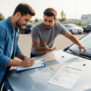 Dwóch kierowców spisujących oświadczenie, co jest kluczowe w przypadku szkody parkingowej OC.