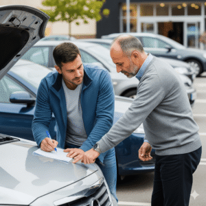 Osoba robiąca smartfonem zdjęcie uszkodzeń samochodu, co jest dowodem w sprawie o odszkodowanie za szkodę parkingową OC.