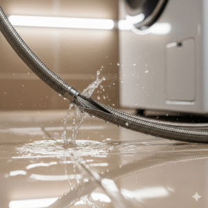 Fotorealistyczne zbliżenie na pęknięty wąż od pralki, z którego cieknie woda, co może spowodować zalane mieszkanie sąsiada.