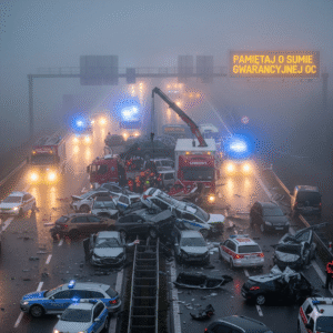 Karambol na autostradzie we mgle, obrazujący sytuację, w której minimalna suma gwarancyjna OC może okazać się niewystarczająca.
