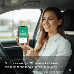 Młoda, uśmiechnięta kobieta siedzi w samochodzie, trzymając smartfon z otwartą aplikacją mObywatel, sprawdzając dokumenty do ubezpieczenia OC przed zakupem polisy online.