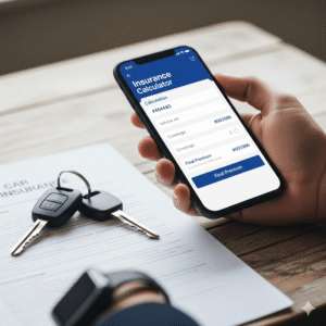 Osoba po tym, jak kupiła auto z ważnym OC, sprawdza w telefonie ofertę nowej polisy, obok leżą kluczyki i dokumenty.