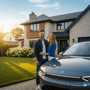 Szczęśliwa para stoi przy nowym samochodzie przed domem, co symbolizuje kompleksową ochronę po tym, jak kupiłem auto z ważnym OC i zadbałem o resztę ubezpieczeń.