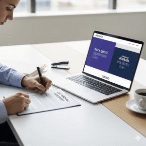 Nowy właściciel pojazdu podpisuje dokumenty; na biurku stoi laptop z otwartą stroną ubezpieczyciela, co jest jednym z obowiązków po tym, jak kupił auto z ważnym OC.