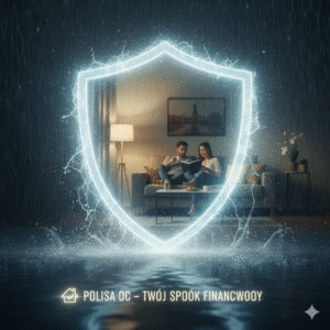 Symboliczna tarcza chroniąca dom przed wodą, ilustrująca jak ubezpieczenie OC chroni przed kosztami za zalane mieszkanie sąsiada.