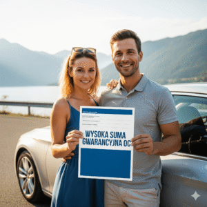 Szczęśliwa para z polisą ubezpieczeniową przy samochodzie, ciesząca się spokojem dzięki wysokiej sumie gwarancyjnej OC.