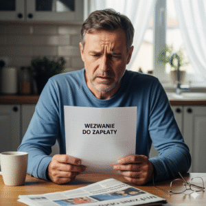 Zestresowany mężczyzna trzymający wezwanie do zapłaty za zalane mieszkanie sąsiada, pokazując finansowe konsekwencje.