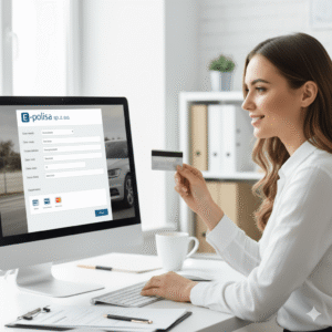 Dłoń trzymająca kluczyki samochodowe nad kartką papieru z napisem "E-polisa", obok leżące symboliczne miniatury domku i samochodu, przedstawiające kompleksowe ubezpieczenia dodatkowe poza dokumentami do ubezpieczenia OC.