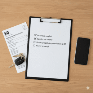 Zdjęcie z góry przedstawiające checklistę na podkładce z klipsem oraz fakturę za "KOSZT BADANIA TECHNICZNEGO" i kluczyki samochodowe. Obok leży smartfon. Wizualizuje to dokumenty i proces zwrotu kosztu przeglądu po szkodzie z OC sprawcy.