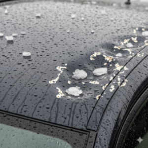 Zbliżenie na dach samochodu wgnieciony przez grad, ilustrujące OC a AC NNW i Assistance różnice w zakresie ochrony.