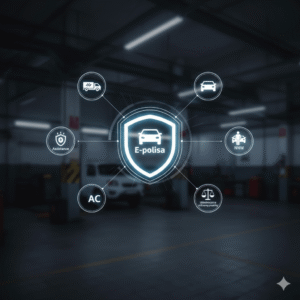 Grafika z logo E-polisa na tarczy otoczonej ikonami różnych ubezpieczeń (AC, Assistance, NNW, Ubezpieczenie Ochrony Prawnej) na tle niewyraźnego warsztatu samochodowego. Obraz symbolizuje kompleksową ochronę po szkodzie z OC sprawcy.