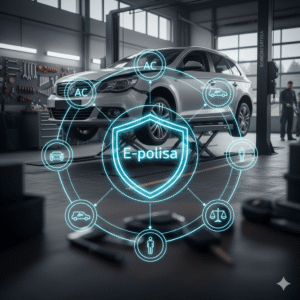 Uszkodzony samochód na podnośniku w warsztacie samochodowym. Na pierwszym planie cyfrowe ikony przedstawiające kompleksowe ubezpieczenie E-polisa, co wizualizuje wsparcie w przypadku kosztu przeglądu po szkodzie z OC sprawcy.